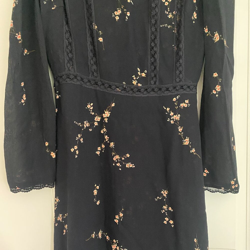 Reformation black floral long sleeve mini dress with lace